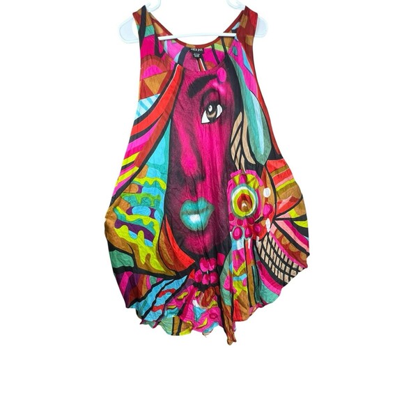 Jack Pot Abstract Art Dress OS Rayon Handkerchief Hem Colorful Graphic Face Boho - Picture 12 of 14